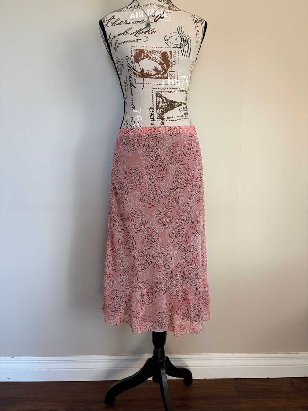 Y2K 90’s Pink Fairy Whimsy Brown Floral Flowy Midi Skirt